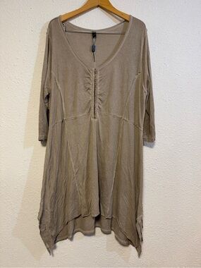 Yoek Taupe V-Neck Gathered Tunic Lagenlook size large